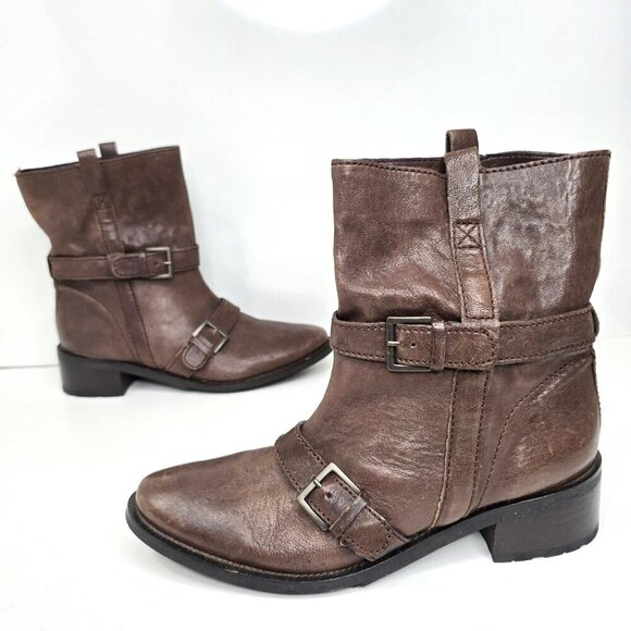 Cole Haan Women Hemlock Boot Brown Leather Moto Buckle Strap Biker Bootie - Picture 2 of 10